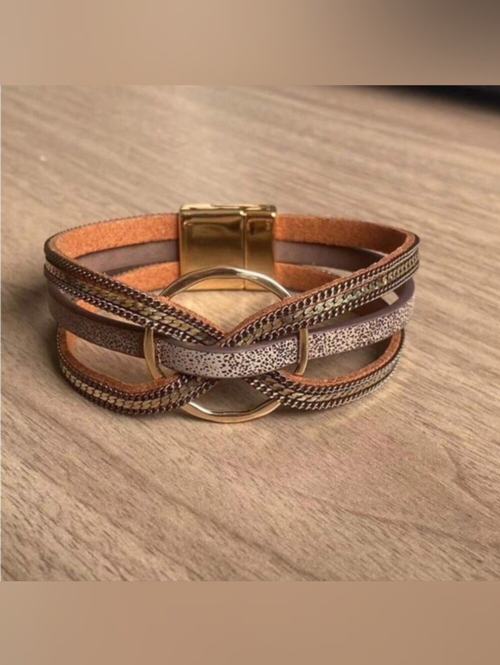 Buckle Leather Bracelet, Magnet Clasp, Coffee Color